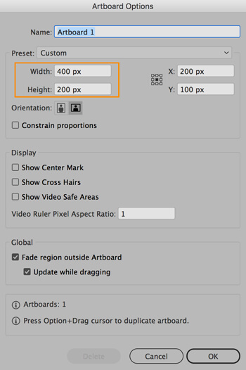 In Illustrator, changing the artboard dimension in the Artboard Options dialogue box