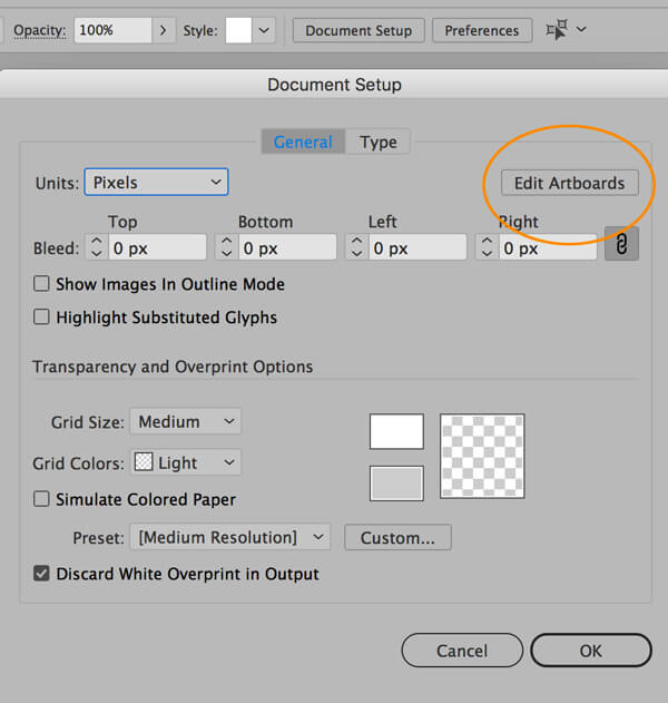 In Illustrator, the Document Setup dialogue box opens, and click on edit artboards