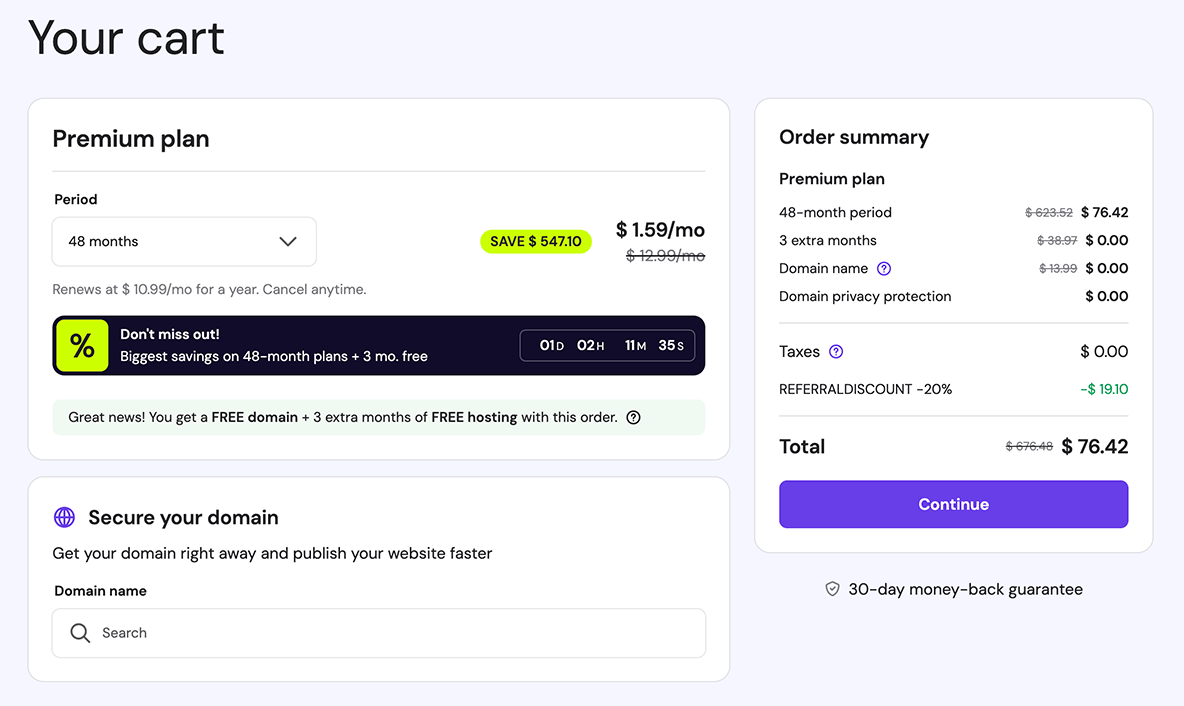 Hostinger web hosting checkout page showing monthly plan pricing and discount