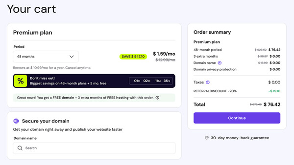 Hostinger web hosting checkout page showing monthly plan pricing and discount