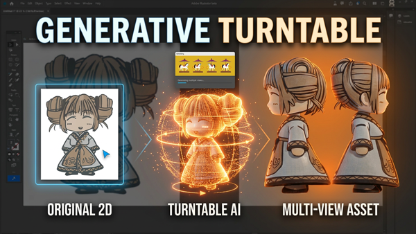 Generative Turntable in Illustrator Beta from 2D to 3D simulation
