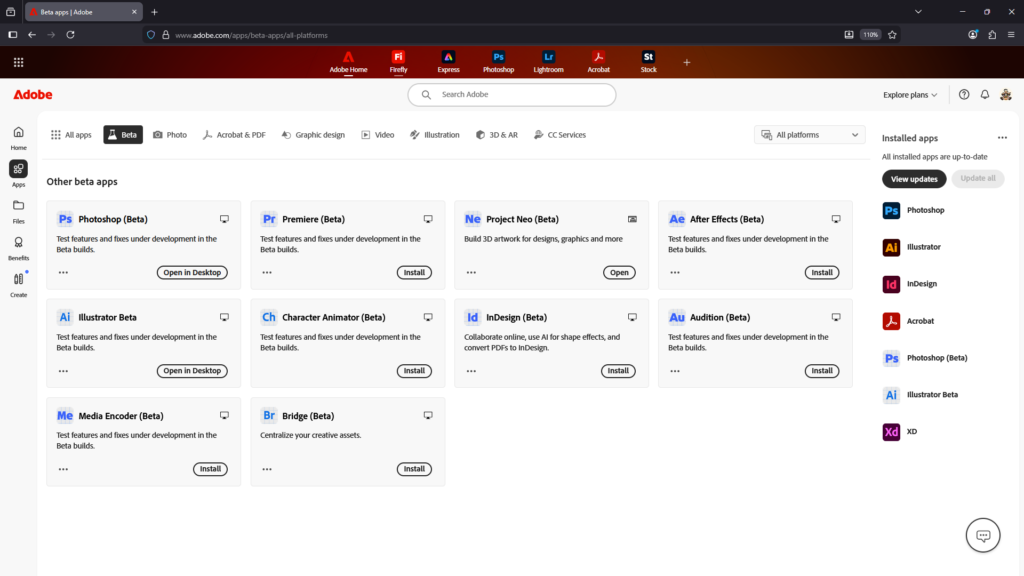 Adobe Creative Cloud Beta Tab at the top menu bar