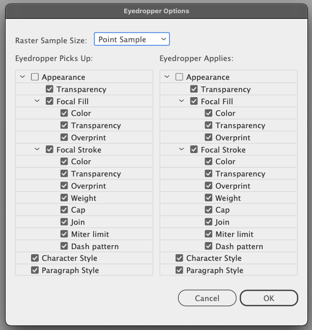 Eyedropper Options Dialog Box in Adobe Illustrator